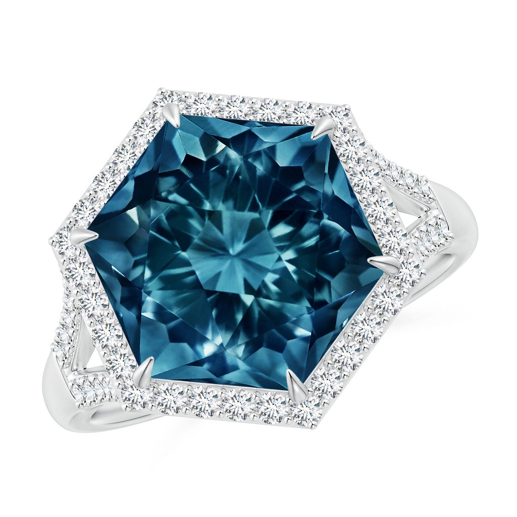 11mm AAAA Hexagonal London Blue Topaz Moroccan Filigree Cocktail Ring in White Gold