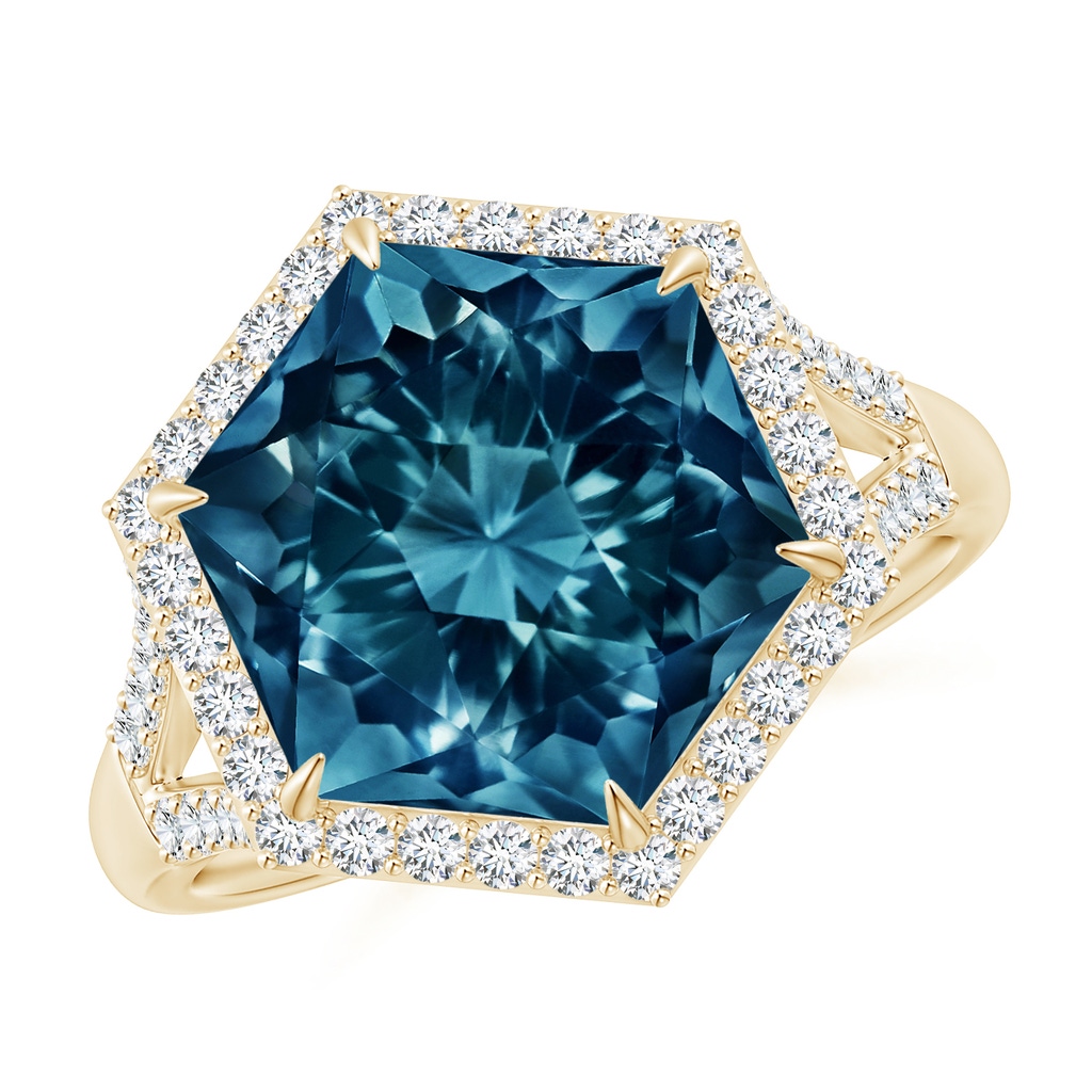 11mm AAAA Hexagonal London Blue Topaz Moroccan Filigree Cocktail Ring in Yellow Gold