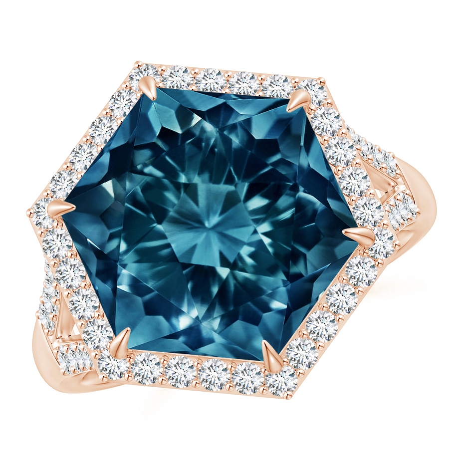 12mm AAAA Hexagonal London Blue Topaz Moroccan Filigree Cocktail Ring in Rose Gold 