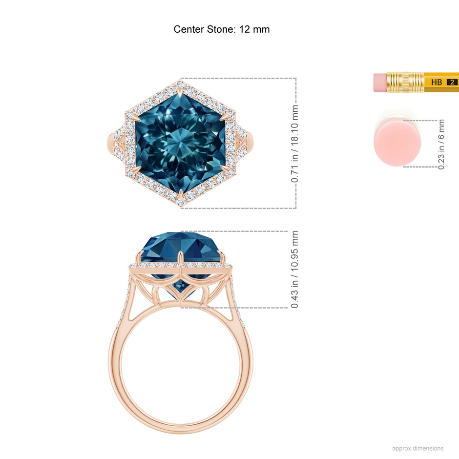 12mm AAAA Hexagonal London Blue Topaz Moroccan Filigree Cocktail Ring in Rose Gold ruler