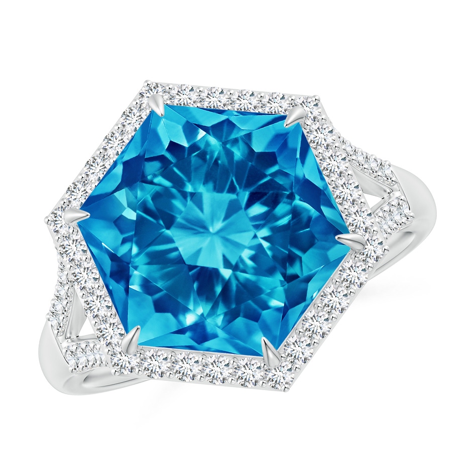 11mm AAAA Hexagonal Swiss Blue Topaz Moroccan Filigree Cocktail Ring in White Gold 