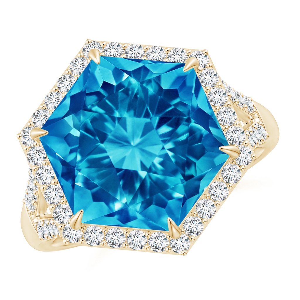 12mm AAAA Hexagonal Swiss Blue Topaz Moroccan Filigree Cocktail Ring in Yellow Gold