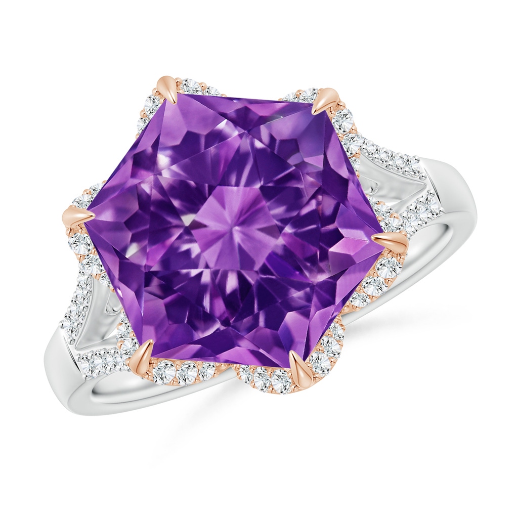 11mm AAAA Hexagonal Fancy-Cut Amethyst Tulip Engagement Ring in White Gold Rose Gold