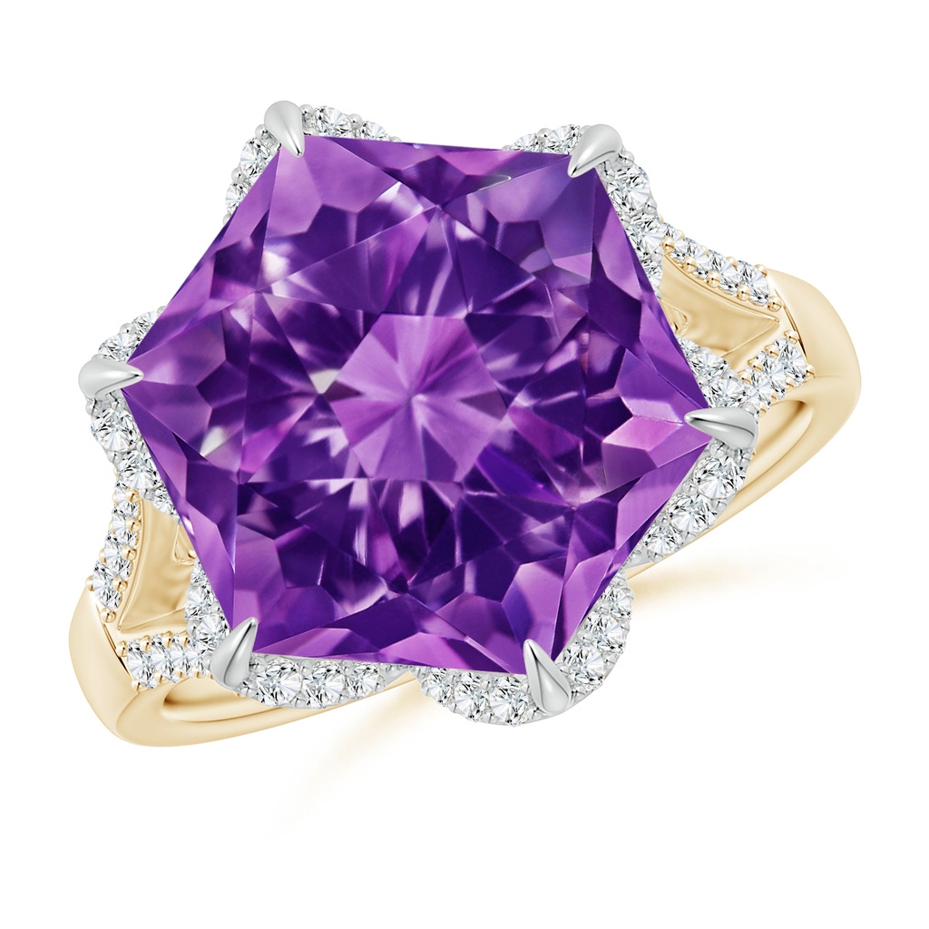 12mm AAAA Hexagonal Fancy-Cut Amethyst Tulip Engagement Ring in Yellow Gold White Gold 