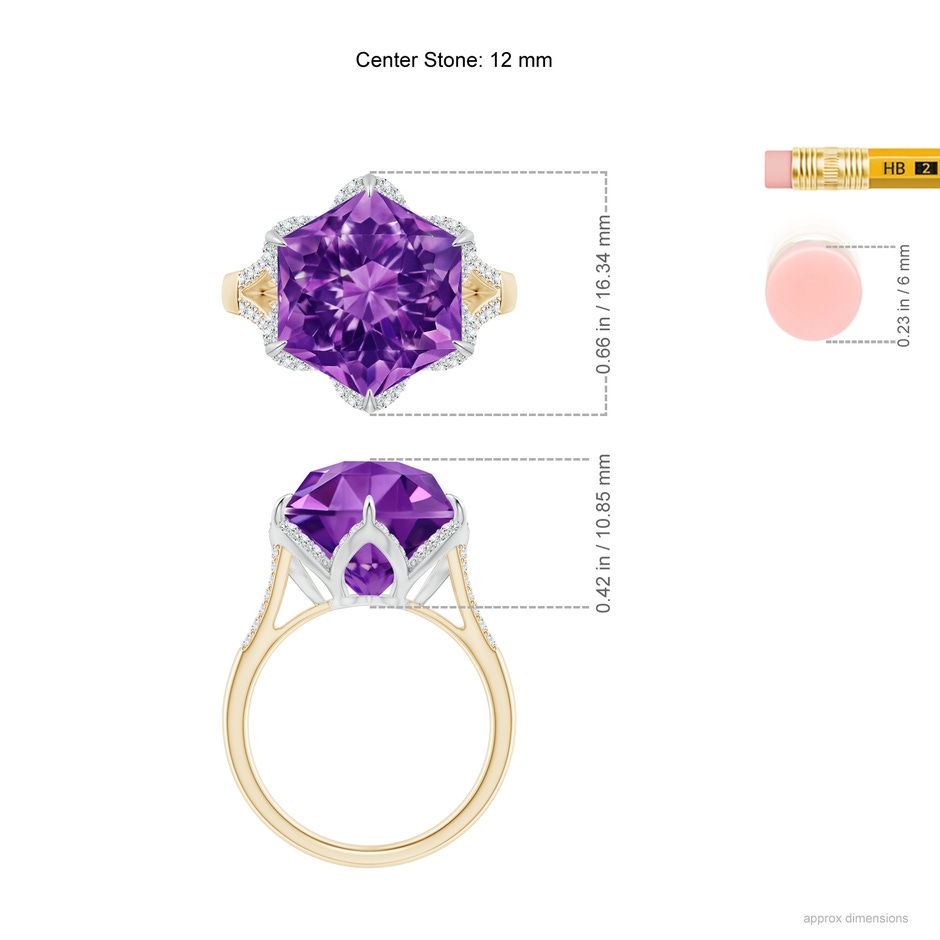 12mm AAAA Hexagonal Fancy-Cut Amethyst Tulip Engagement Ring in Yellow Gold White Gold ruler