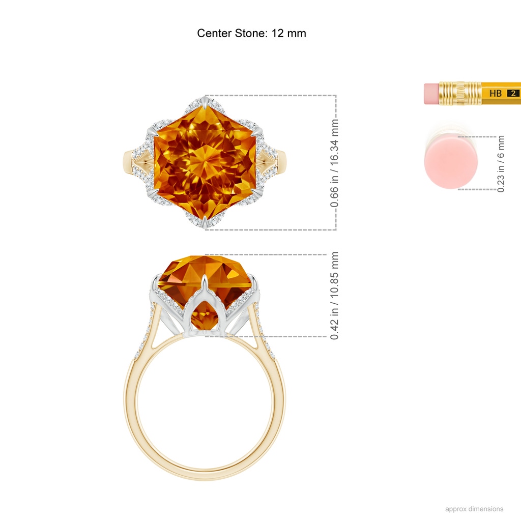 12mm AAAA Hexagonal Fancy-Cut Citrine Tulip Engagement Ring in Yellow Gold White Gold Ruler