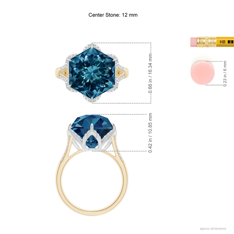 12mm AAAA Hexagonal Fancy-Cut London Blue Topaz Tulip Engagement Ring in Yellow Gold White Gold ruler