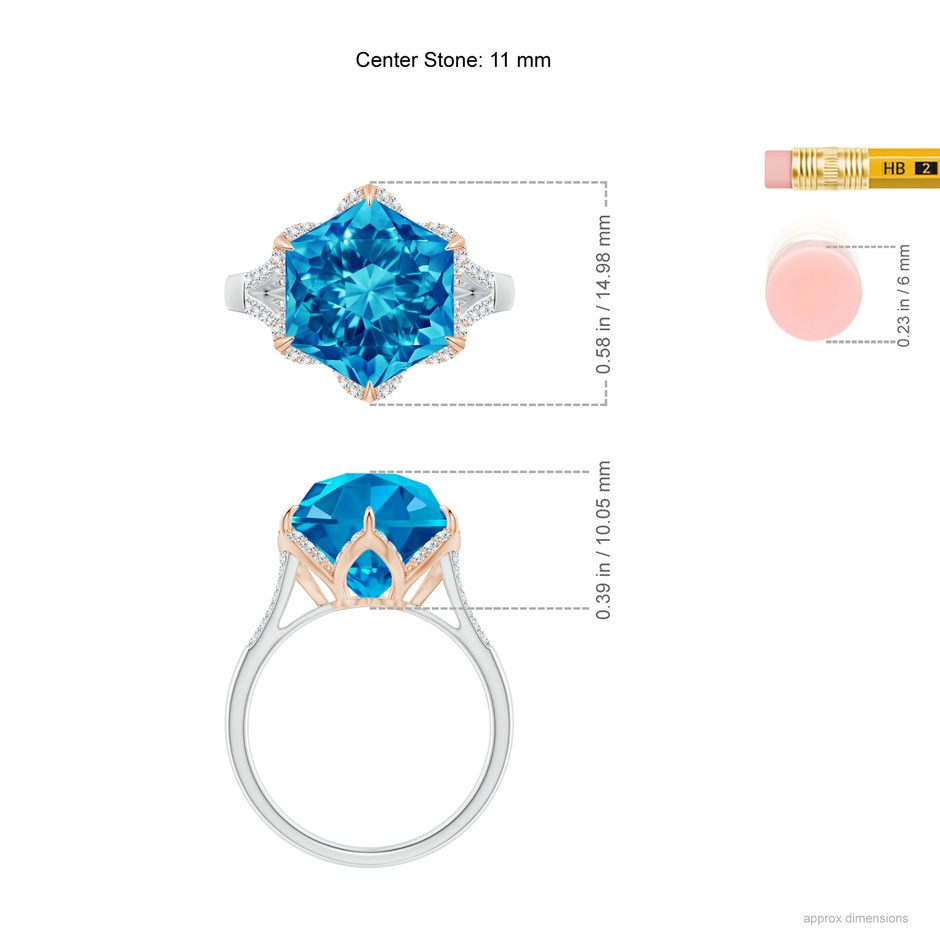 11mm AAAA Hexagonal Fancy-Cut Swiss Blue Topaz Tulip Engagement Ring in White Gold Rose Gold ruler