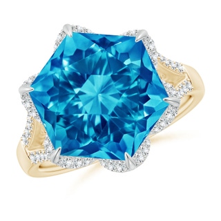 12mm AAAA Hexagonal Fancy-Cut Swiss Blue Topaz Tulip Engagement Ring in Yellow Gold White Gold