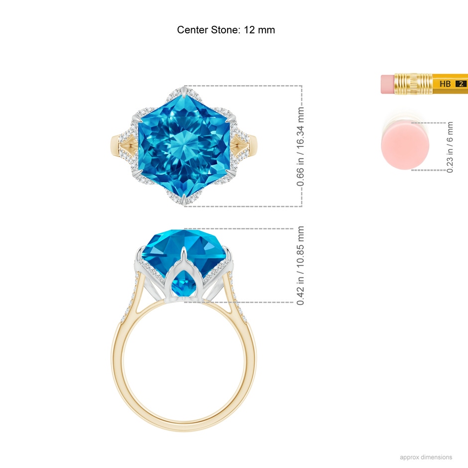 12mm AAAA Hexagonal Fancy-Cut Swiss Blue Topaz Tulip Engagement Ring in Yellow Gold White Gold ruler