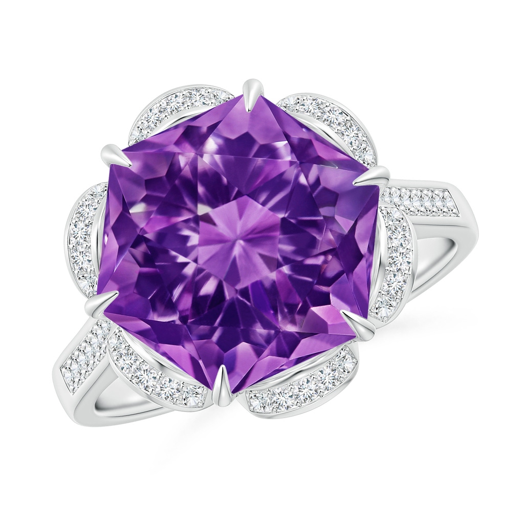 11mm AAAA Hexagonal Fancy-Cut Amethyst Floral Engagement Ring in White Gold