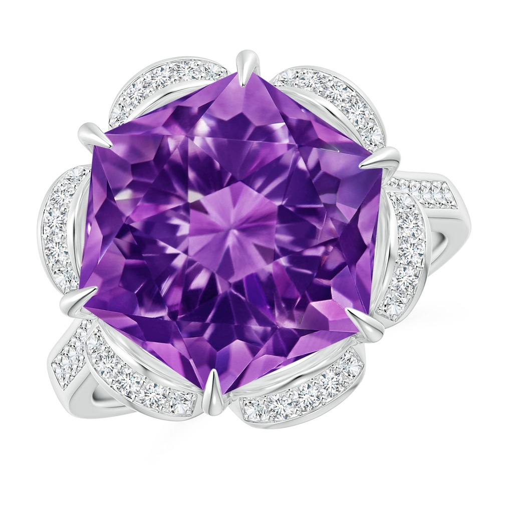 12mm AAAA Hexagonal Fancy-Cut Amethyst Floral Engagement Ring in White Gold