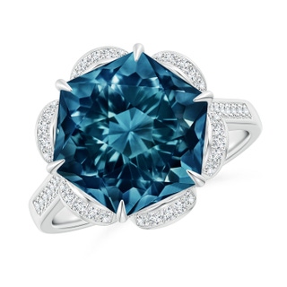 11mm AAAA Hexagonal Fancy-Cut London Blue Topaz Floral Engagement Ring in P950 Platinum