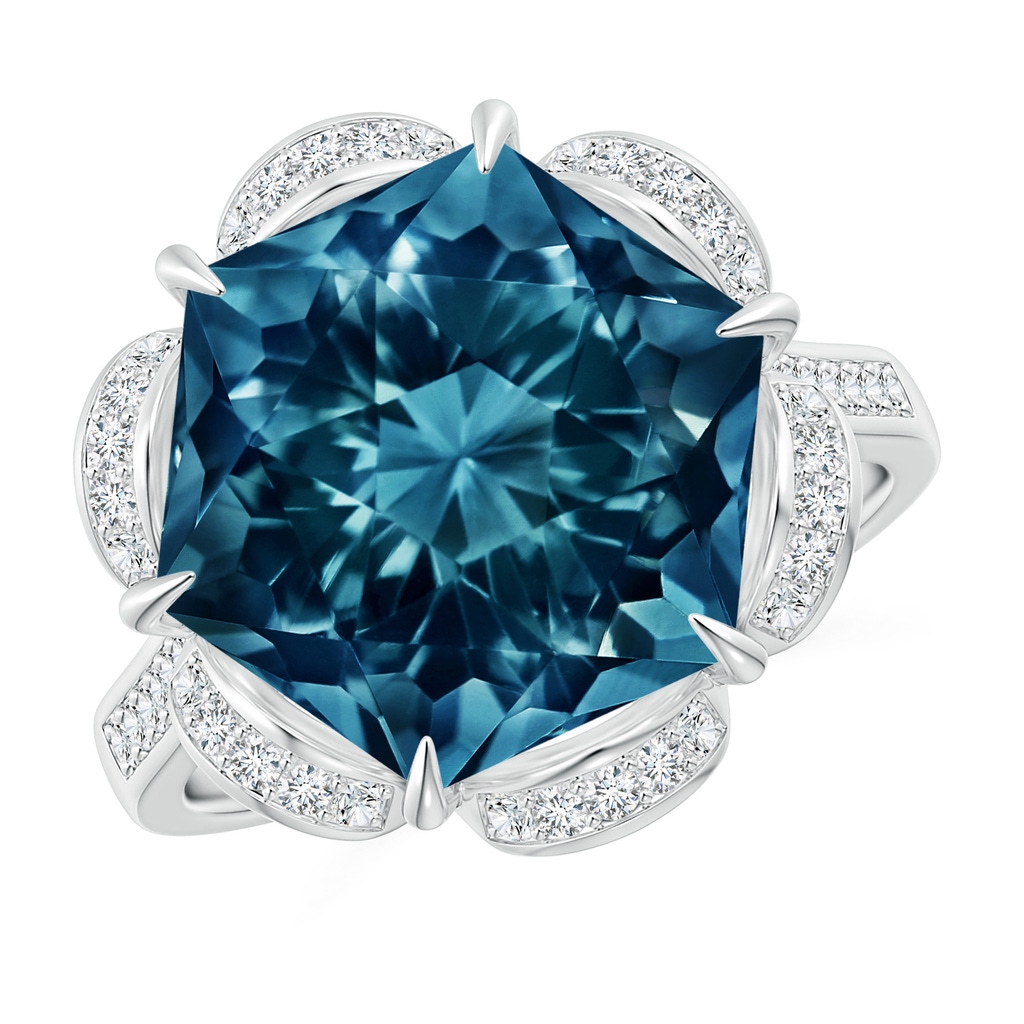 12mm AAAA Hexagonal Fancy-Cut London Blue Topaz Floral Engagement Ring in White Gold