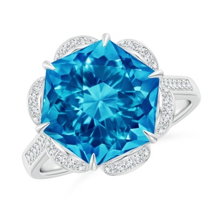 11mm AAAA Hexagonal Fancy-Cut Swiss Blue Topaz Floral Engagement Ring in P950 Platinum