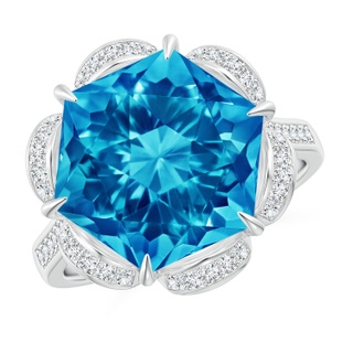 12mm AAAA Hexagonal Fancy-Cut Swiss Blue Topaz Floral Engagement Ring in P950 Platinum