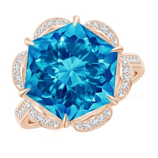 12mm AAAA Hexagonal Fancy-Cut Swiss Blue Topaz Floral Engagement Ring in Rose Gold