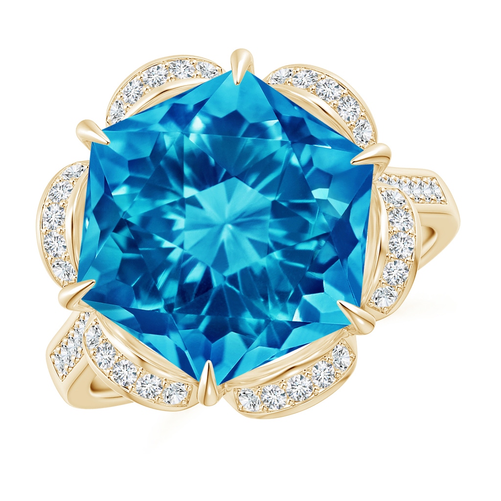 12mm AAAA Hexagonal Fancy-Cut Swiss Blue Topaz Floral Engagement Ring in Yellow Gold