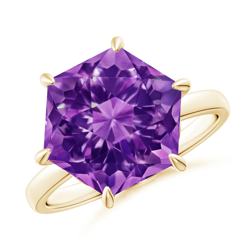 11mm AAAA Hexagonal Fancy-Cut Amethyst Solitaire Ring in Yellow Gold