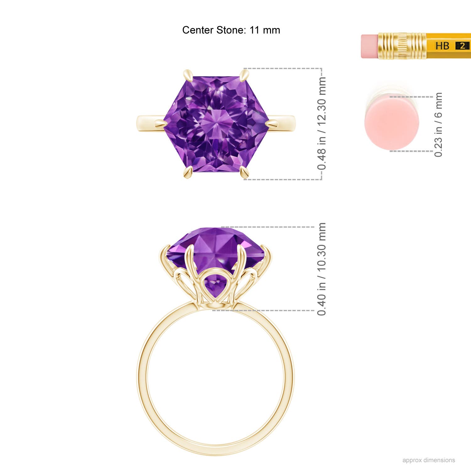 11mm AAAA Hexagonal Fancy-Cut Amethyst Solitaire Ring in Yellow Gold - ruler