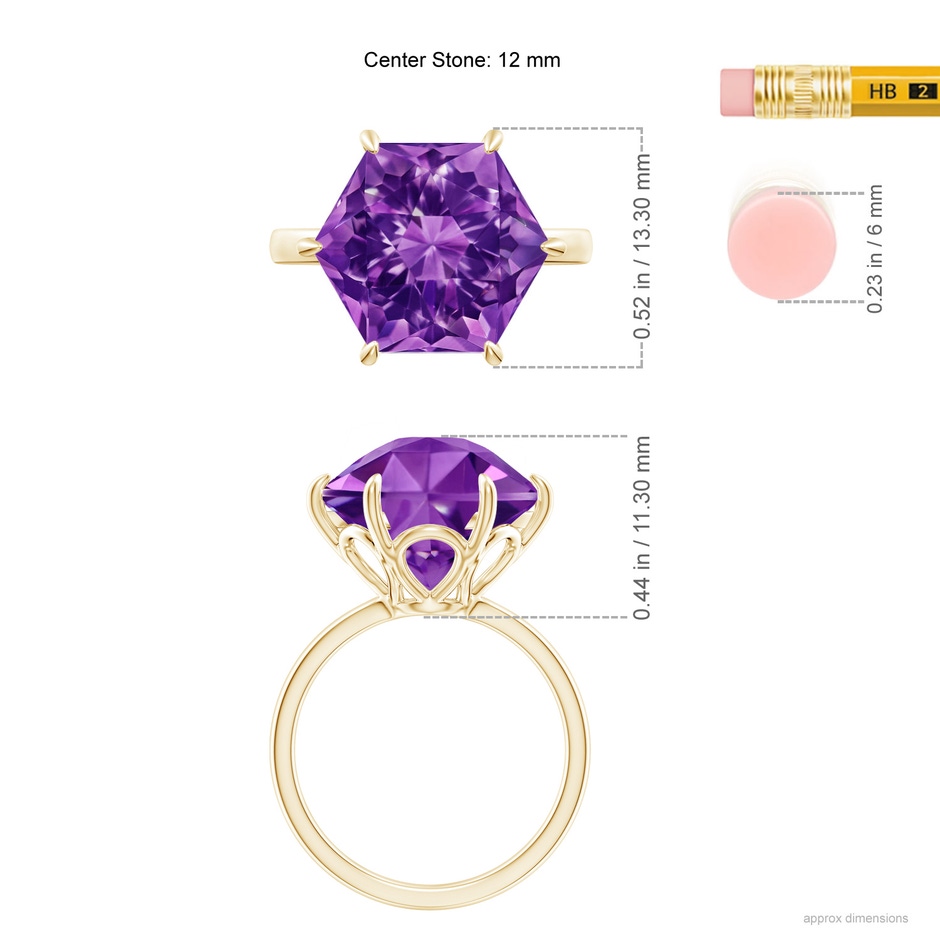 12mm AAAA Hexagonal Fancy-Cut Amethyst Solitaire Ring in Yellow Gold ruler