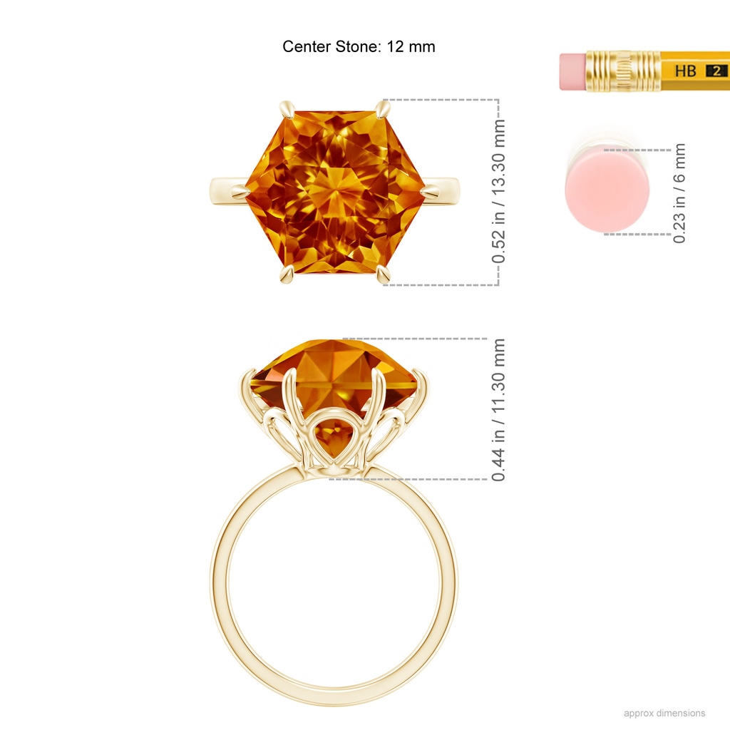 12mm AAAA Hexagonal Fancy-Cut Citrine Solitaire Ring in Yellow Gold Ruler