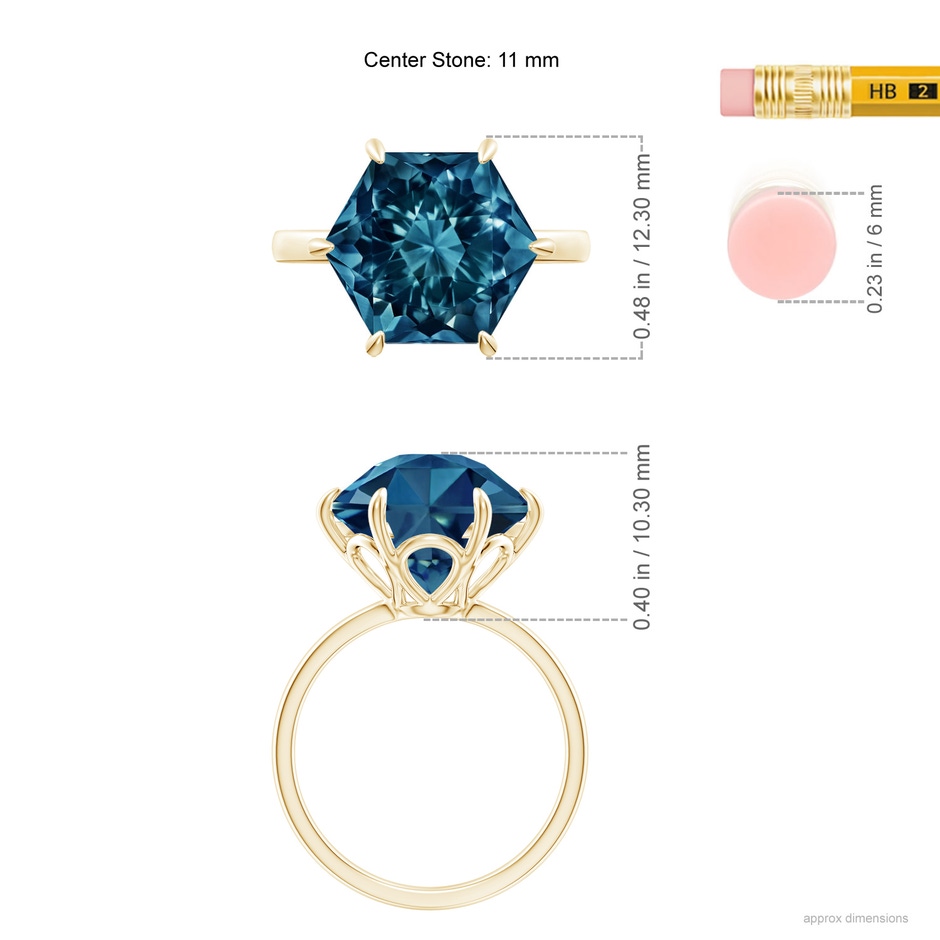 11mm AAAA Hexagonal Fancy-Cut London Blue Topaz Solitaire Ring in Yellow Gold ruler