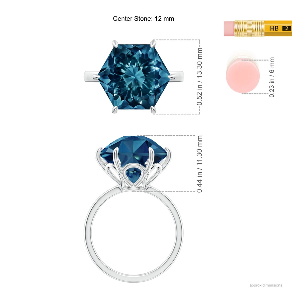 12mm AAAA Hexagonal Fancy-Cut London Blue Topaz Solitaire Ring in P950 Platinum ruler