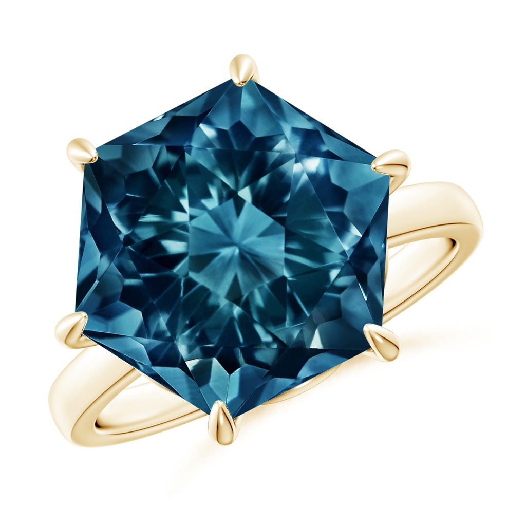 12mm AAAA Hexagonal Fancy-Cut London Blue Topaz Solitaire Ring in Yellow Gold