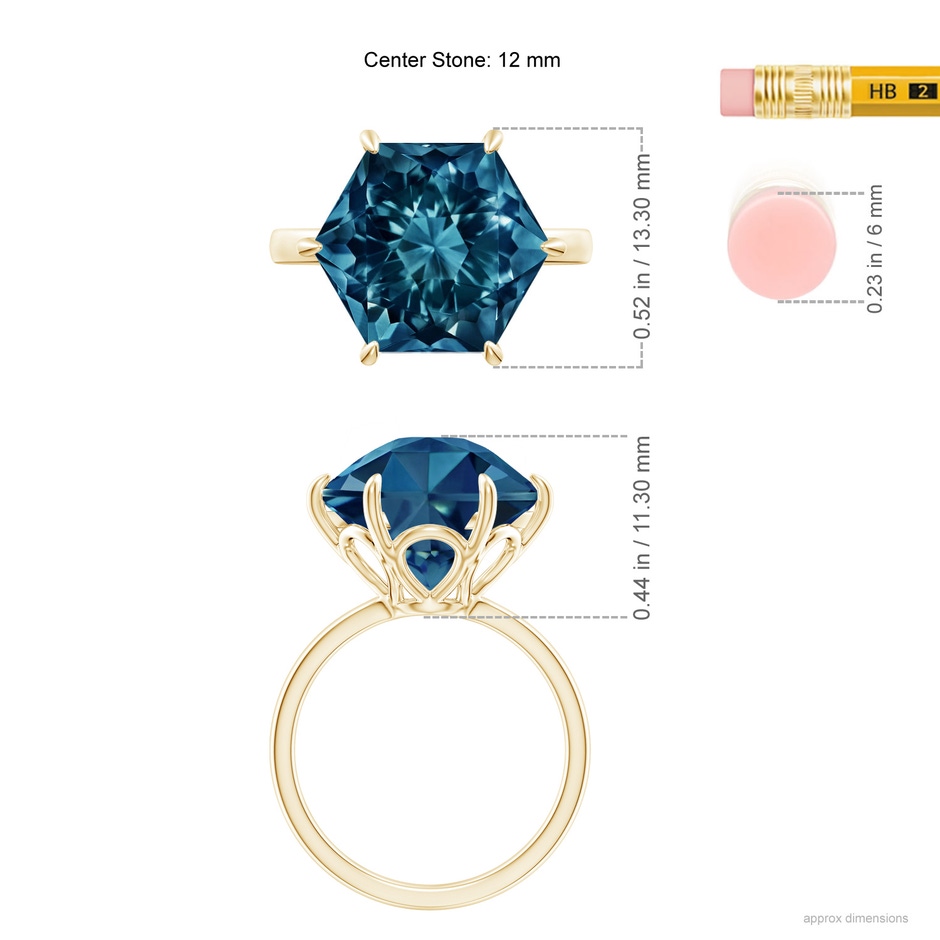 12mm AAAA Hexagonal Fancy-Cut London Blue Topaz Solitaire Ring in Yellow Gold ruler