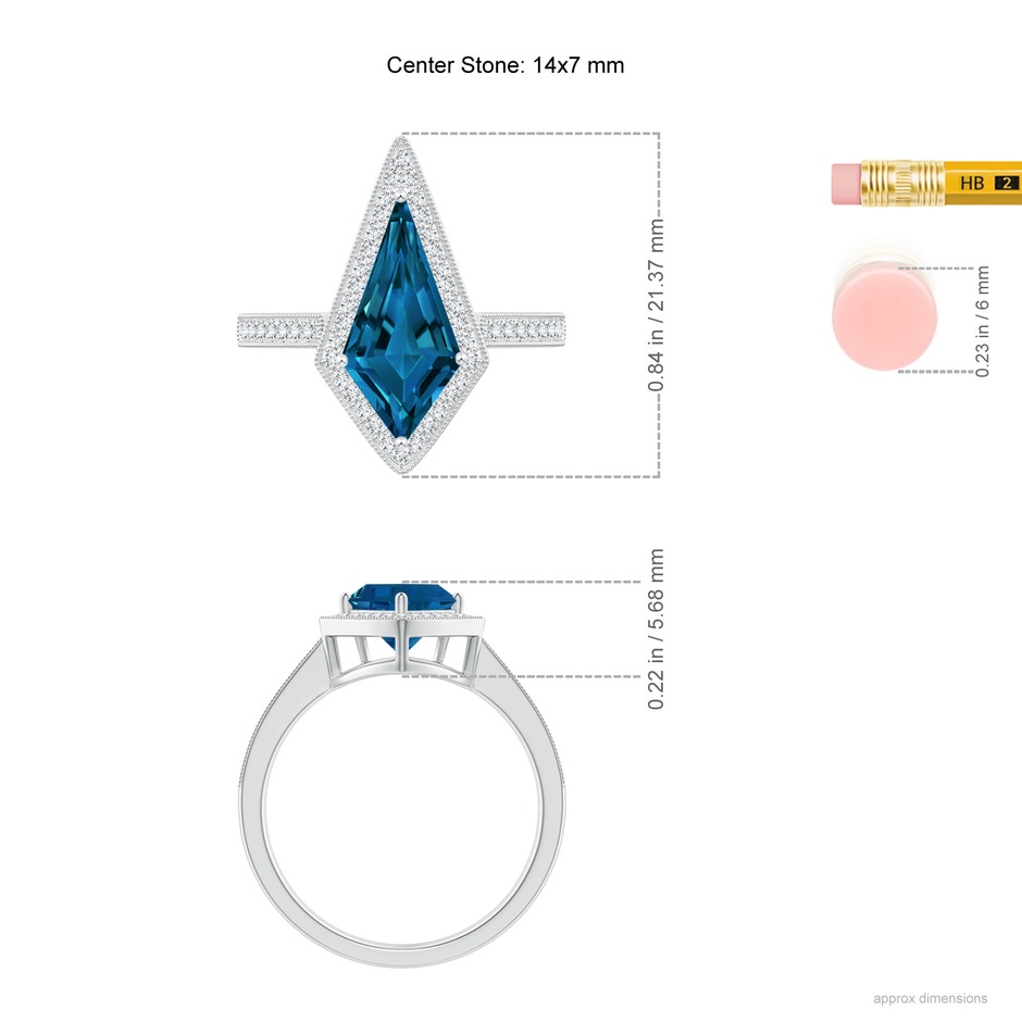 14x7mm AAAA Kite-Shaped Step-Cut London Blue Topaz Halo Engagement Ring in White Gold ruler