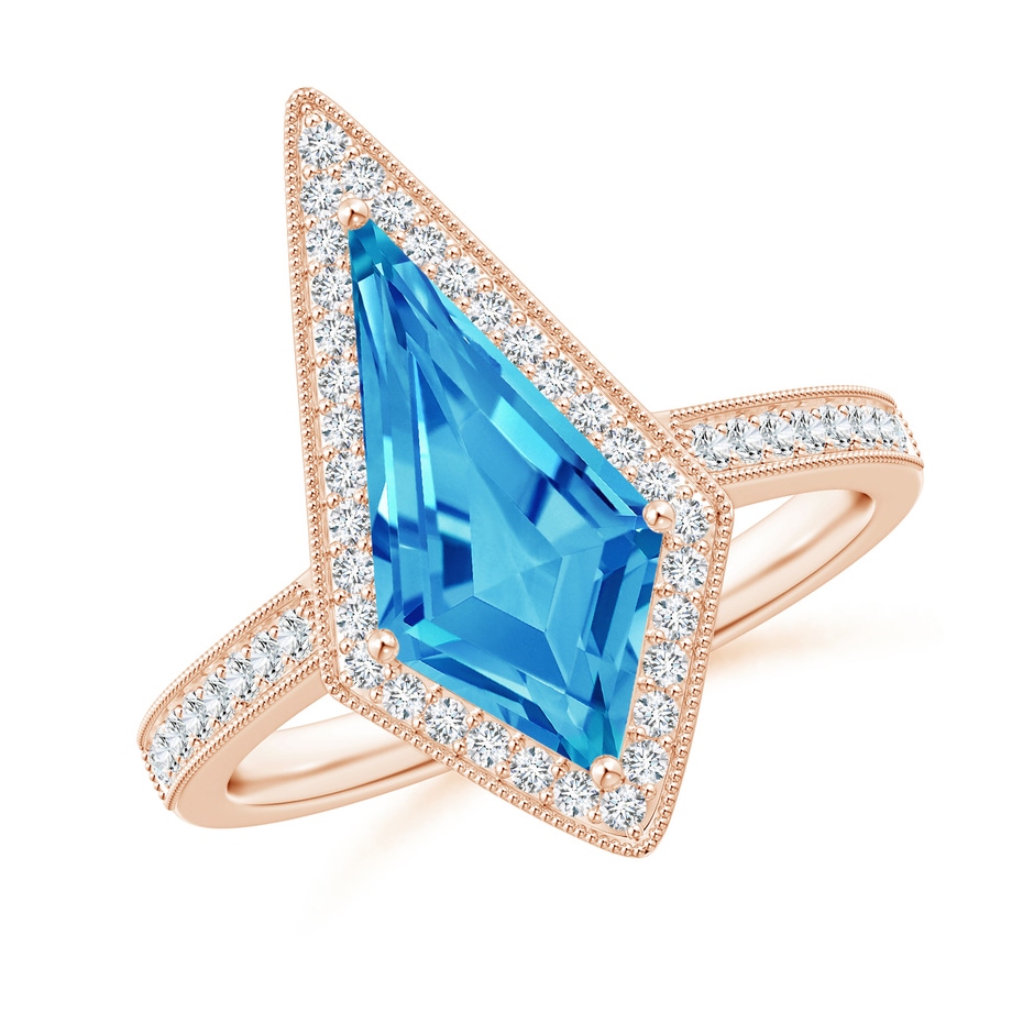 14x7mm AAAA Kite-Shaped Step-Cut Swiss Blue Topaz Halo Engagement Ring in Rose Gold 