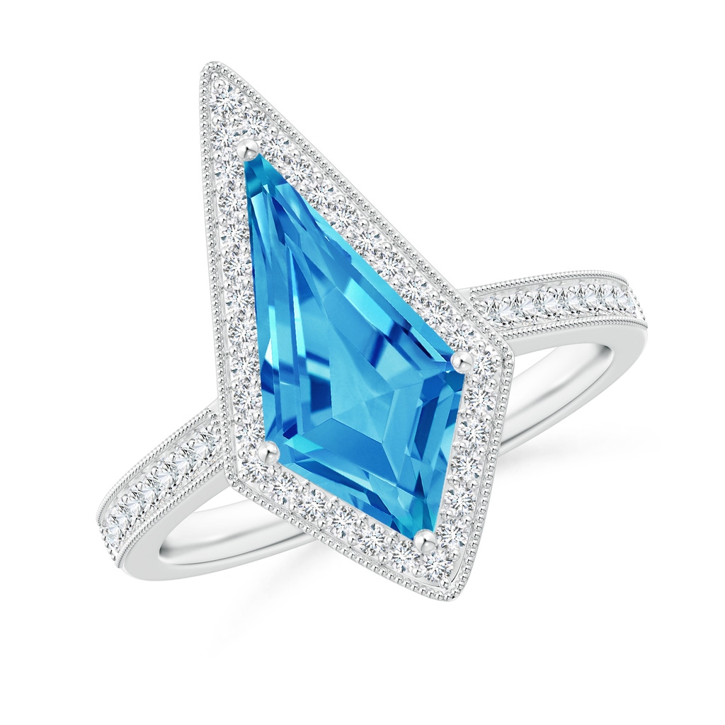 14x7mm AAAA Kite-Shaped Step-Cut Swiss Blue Topaz Halo Engagement Ring in White Gold