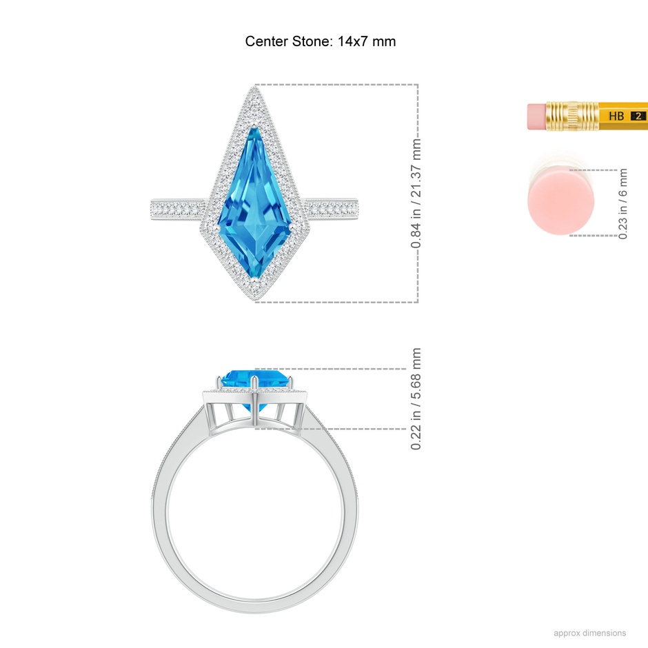 14x7mm AAAA Kite-Shaped Step-Cut Swiss Blue Topaz Halo Engagement Ring in White Gold ruler