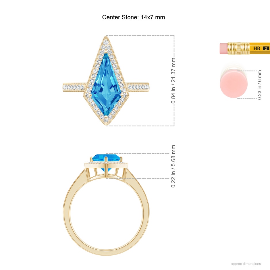 14x7mm AAAA Kite-Shaped Step-Cut Swiss Blue Topaz Halo Engagement Ring in Yellow Gold ruler