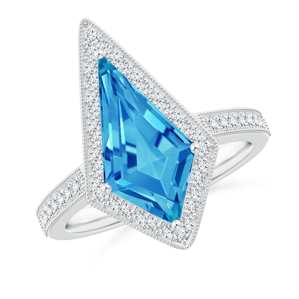 15x8mm AAAA Kite-Shaped Step-Cut Swiss Blue Topaz Halo Engagement Ring in White Gold