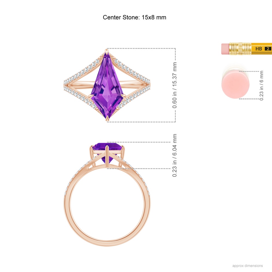 15x8mm AAAA Kite-Shaped Step-Cut Amethyst Halo Split Shank Ring in Rose Gold ruler