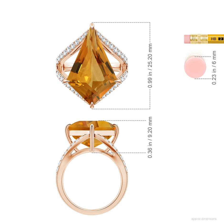 22.23x13.83x8.02mm AAAA GIA Certified Kite-Shaped Step-Cut Citrine Halo Split Shank Ring in 18K Rose Gold ruler
