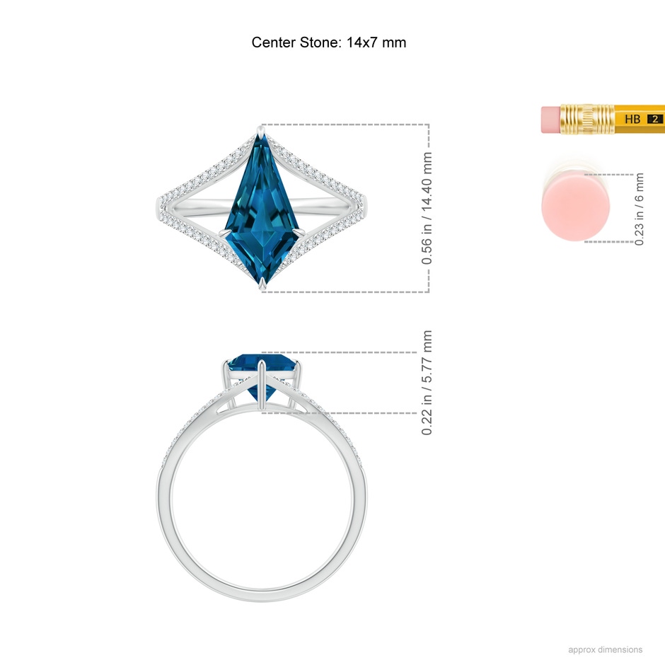 14x7mm AAAA Kite-Shaped Step-Cut London Blue Topaz Halo Split Shank Ring in White Gold ruler