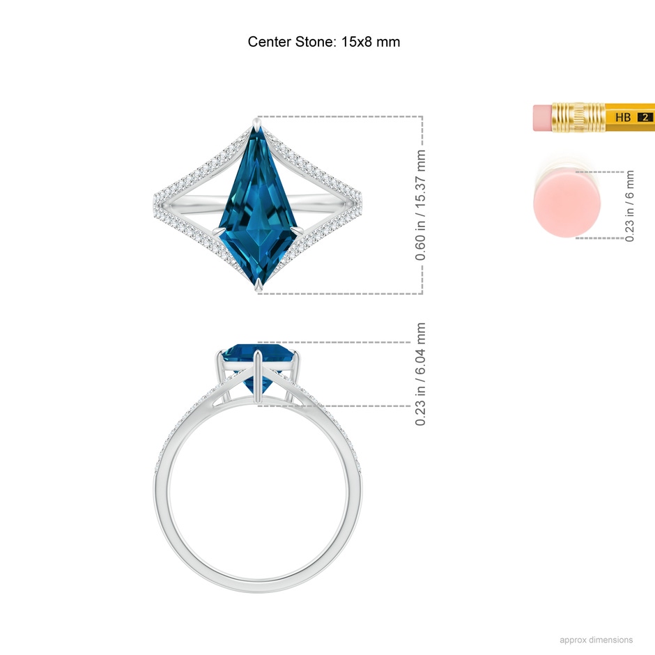 15x8mm AAAA Kite-Shaped Step-Cut London Blue Topaz Halo Split Shank Ring in White Gold ruler