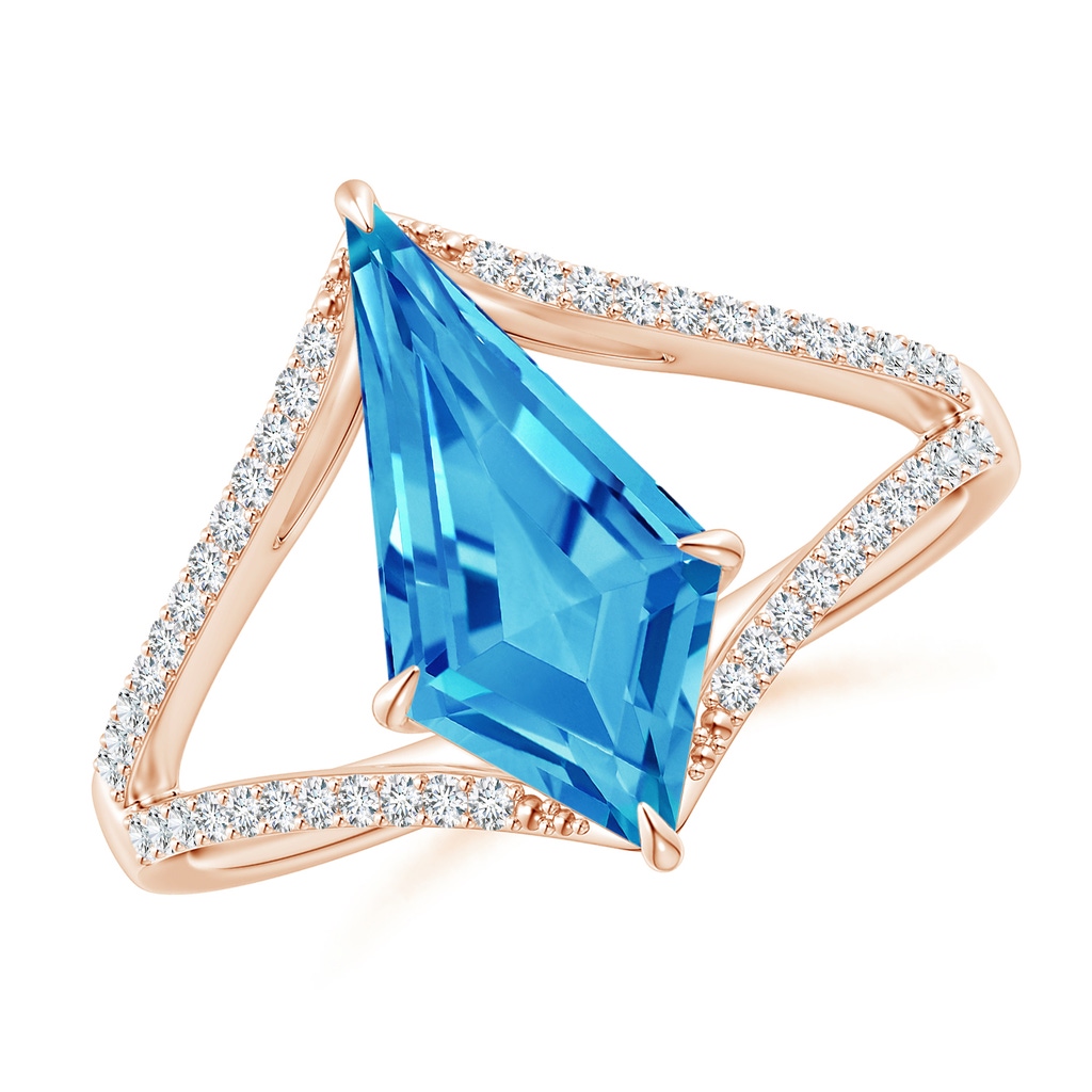 14x7mm AAAA Kite-Shaped Step-Cut Swiss Blue Topaz Halo Split Shank Ring in Rose Gold