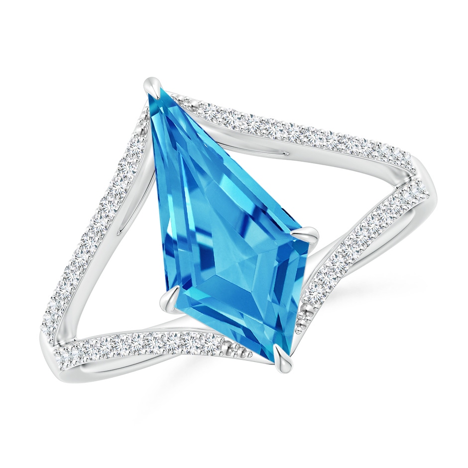 14x7mm AAAA Kite-Shaped Step-Cut Swiss Blue Topaz Halo Split Shank Ring in White Gold 