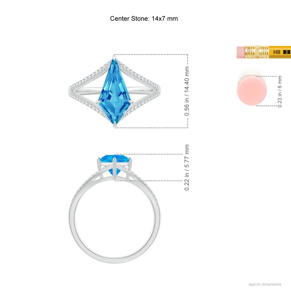 14x7mm AAAA Kite-Shaped Step-Cut Swiss Blue Topaz Halo Split Shank Ring in White Gold ruler