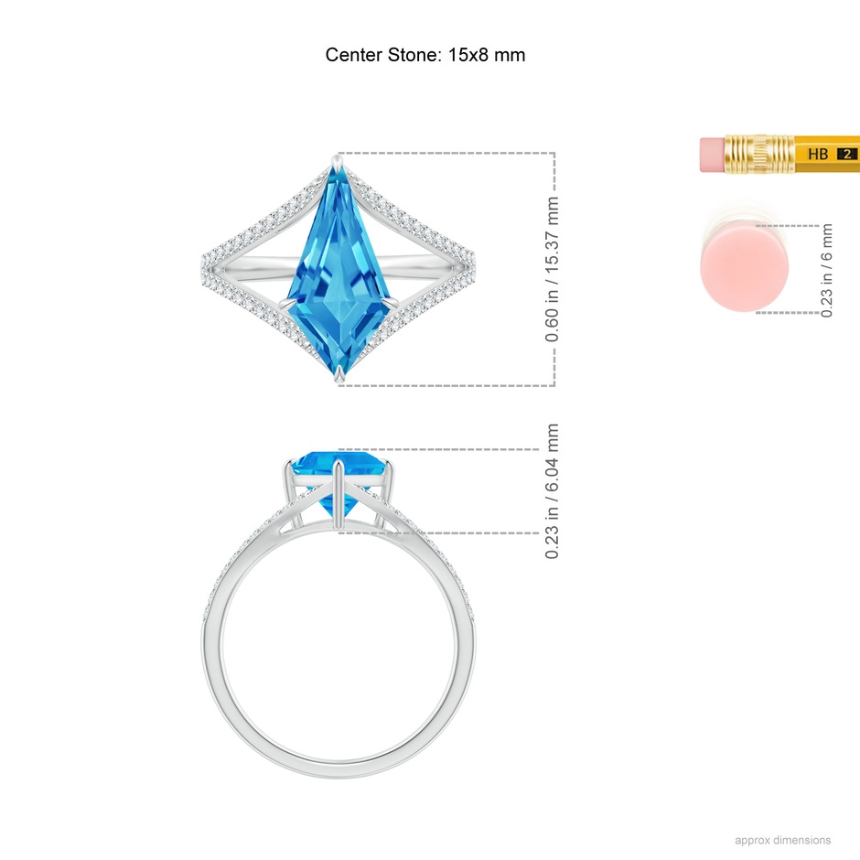 15x8mm AAAA Kite-Shaped Step-Cut Swiss Blue Topaz Halo Split Shank Ring in White Gold ruler