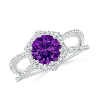 7mm AAAA Round Amethyst Split Shank Ring with Hexagon Halo in P950 Platinum