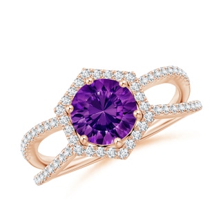 7mm AAAA Round Amethyst Split Shank Ring with Hexagon Halo in Rose Gold