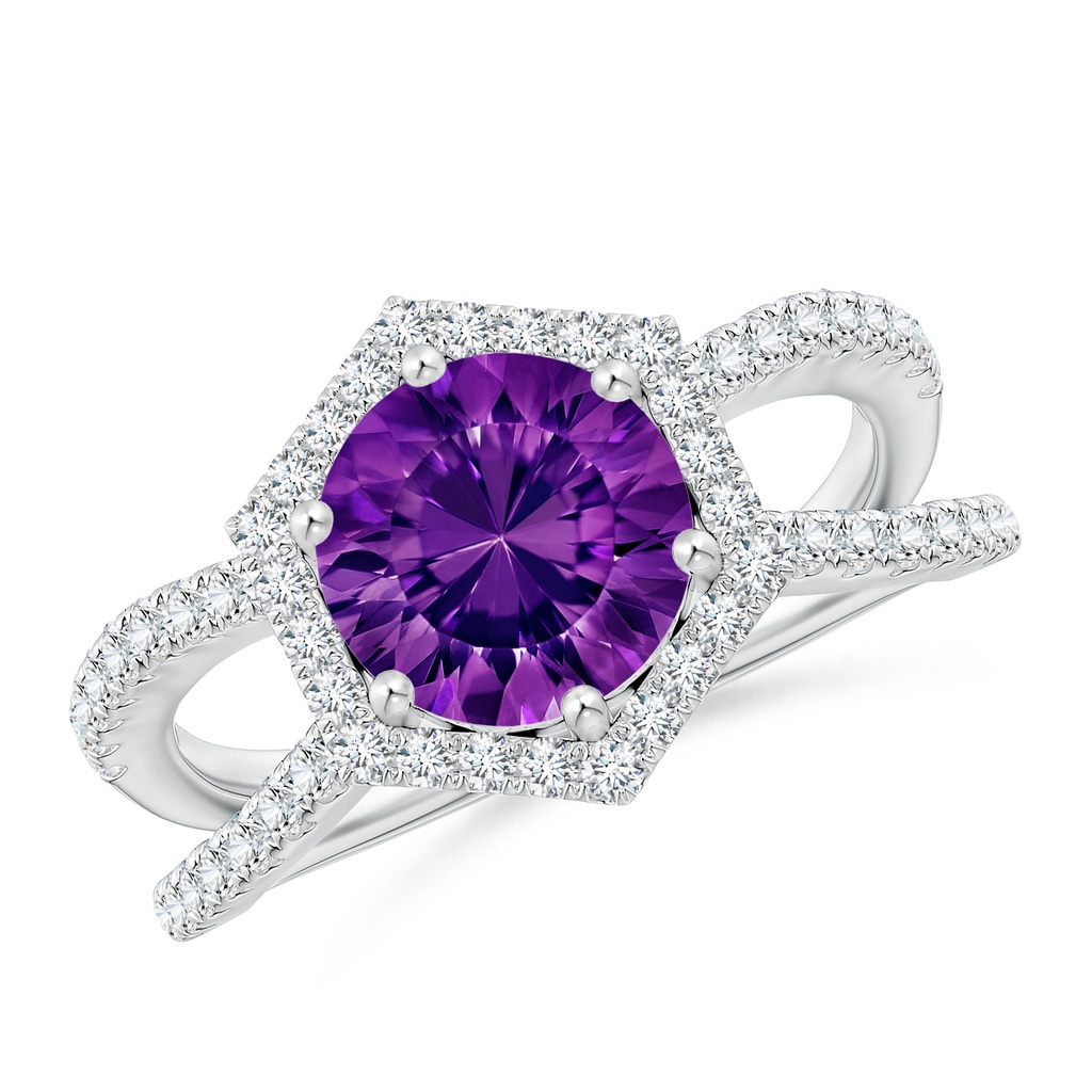 8mm AAAA Round Amethyst Split Shank Ring with Hexagon Halo in White Gold