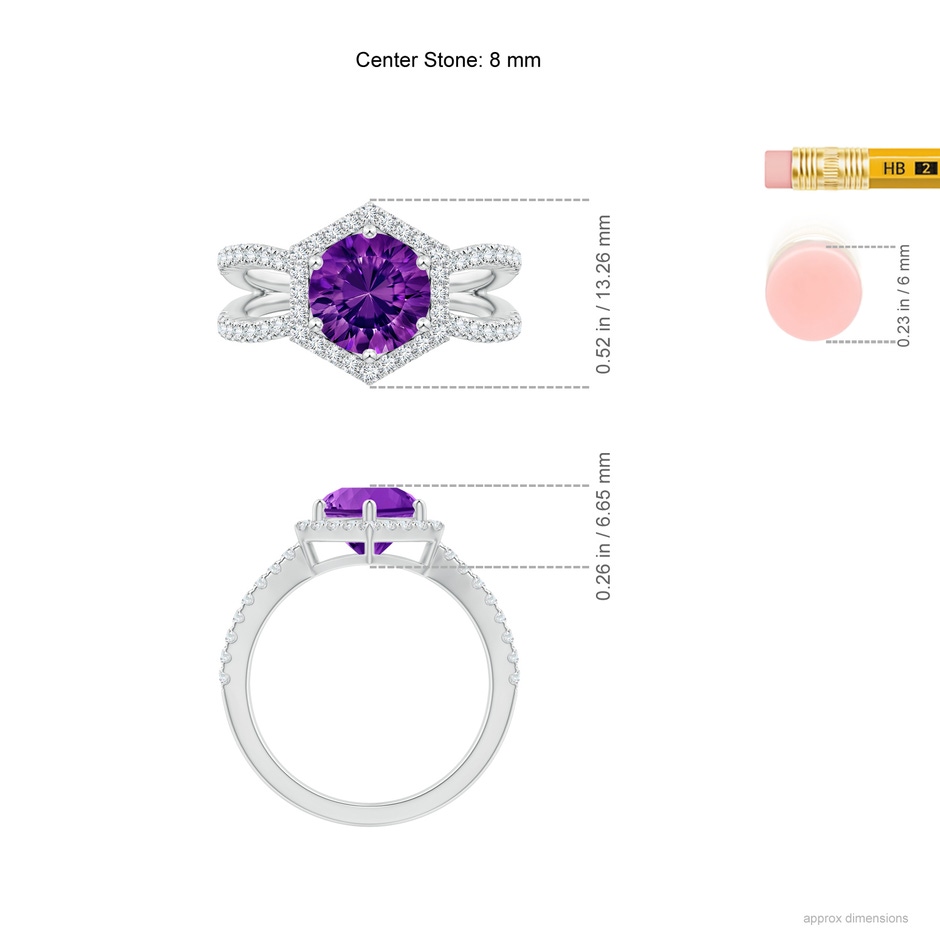 8mm AAAA Round Amethyst Split Shank Ring with Hexagon Halo in White Gold ruler