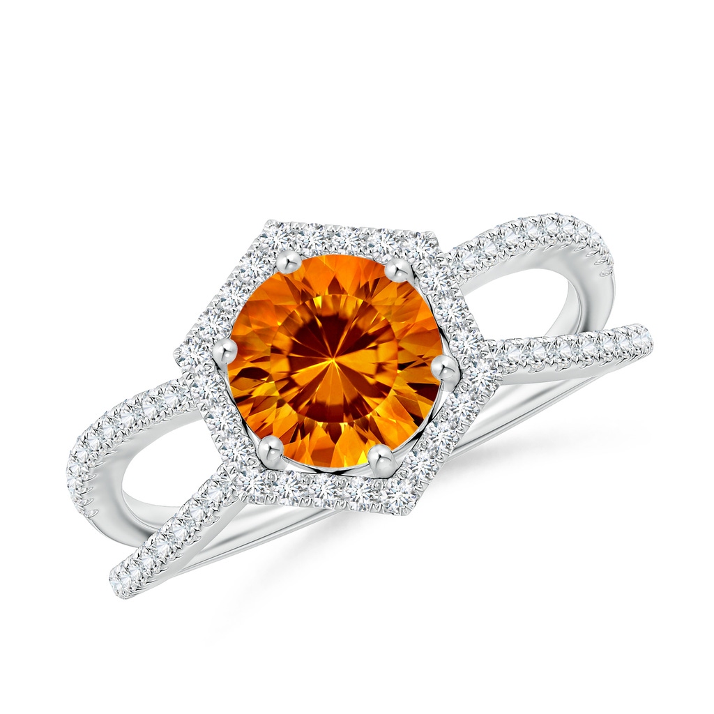 7mm AAAA Round Citrine Split Shank Ring with Hexagon Halo in P950 Platinum