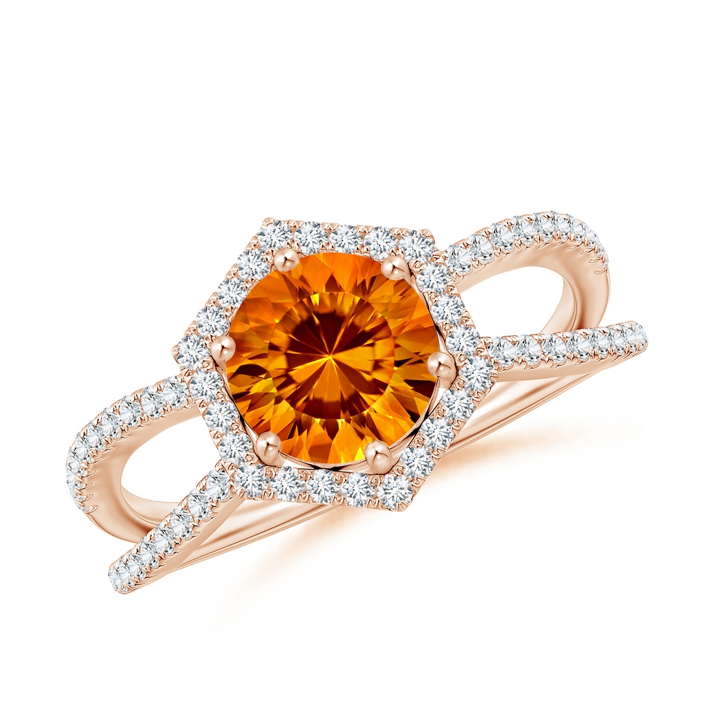 7mm AAAA Round Citrine Split Shank Ring with Hexagon Halo in Rose Gold
